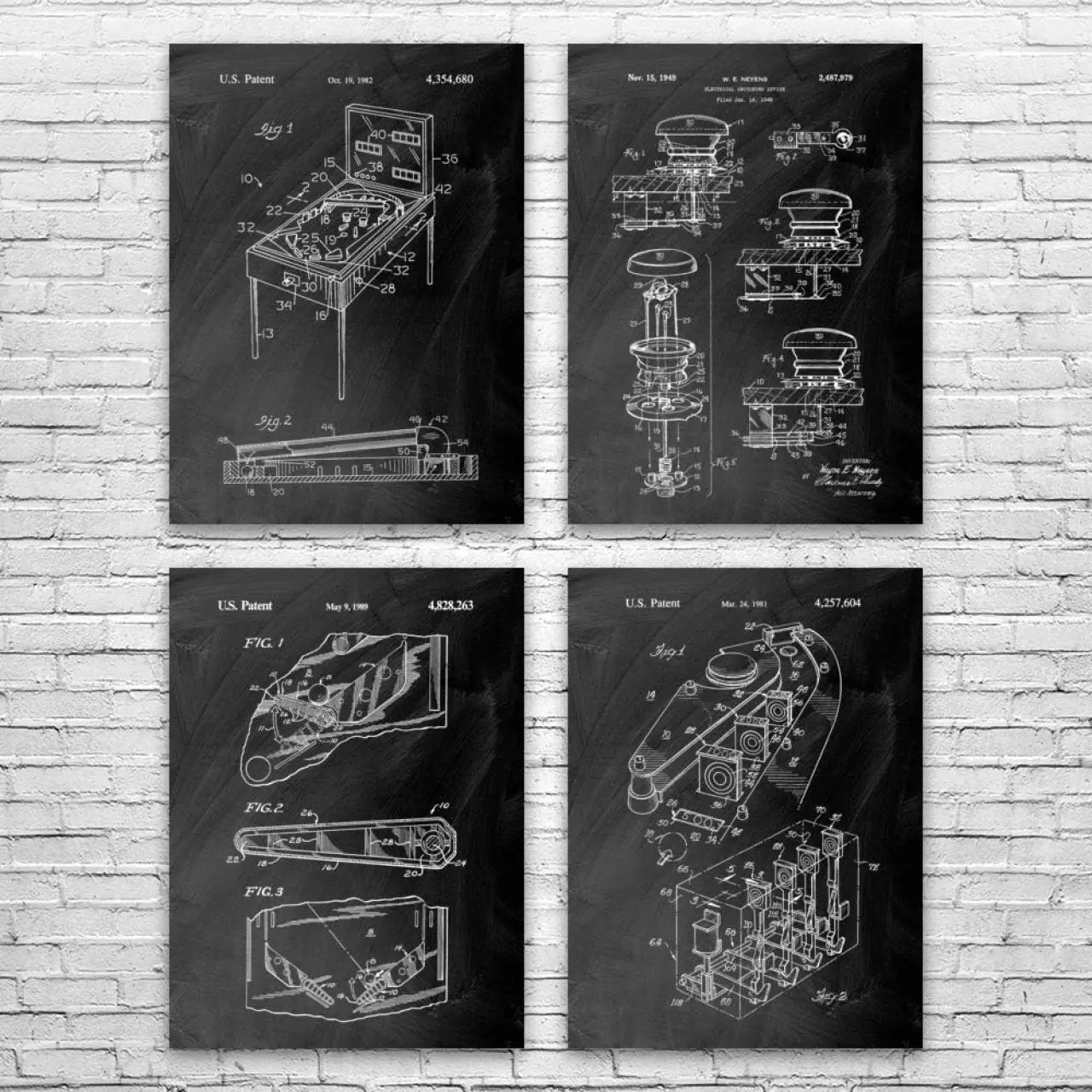 Pinball Patent Posters Set of 4 (8x10), Pinball Gift, Arcade Decor, Gamer Gift, Pinball Blueprint, Retro Gaming Gift, Wall Art Black Chalkboard
