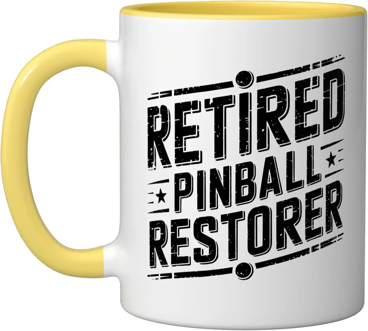 Retired Pinball Restorer Who Fills House Restored Machines Ceramic Mug, Yellow/White