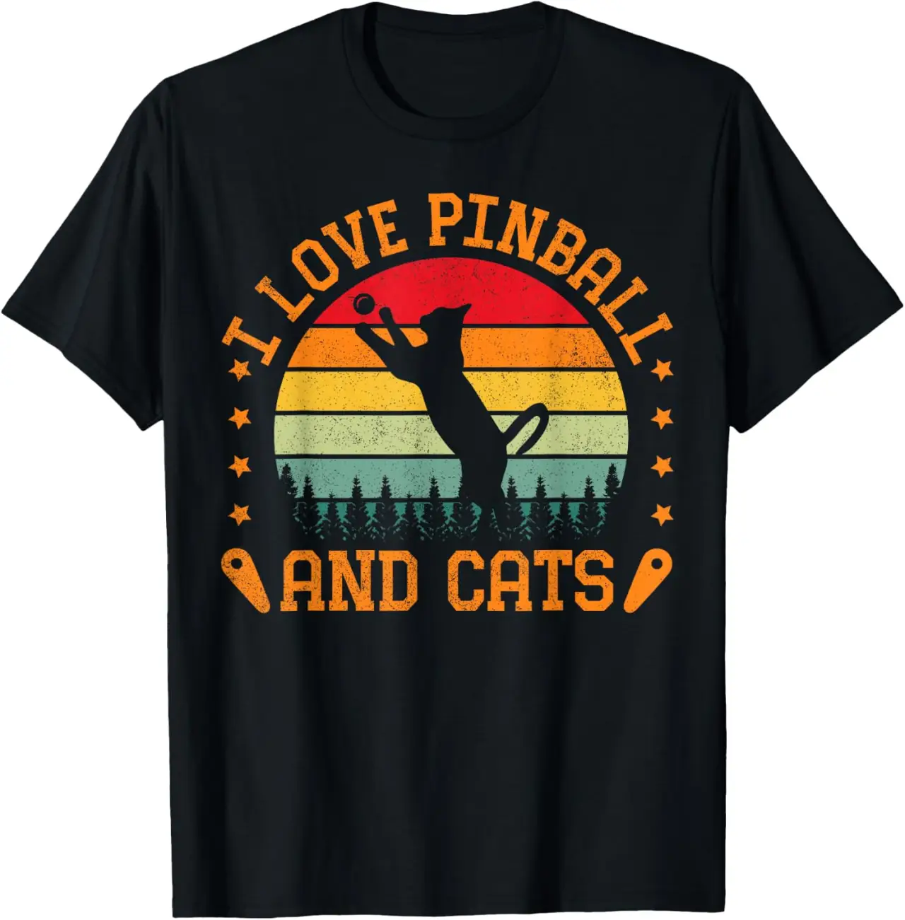 Retro Sunset I Love Pinball And Cats Pinball Machine Gamer T-Shirt