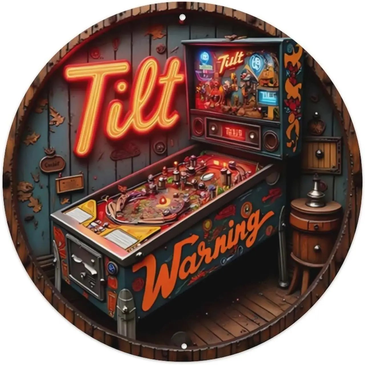 Vintage Arcade Pinball Tilt Warning Round Decorative Sign Metal Tin Sign Plaque Wall Decor for Cafe, Club Bar, Office, Home Garden Round Metal Poster 8x8Inch