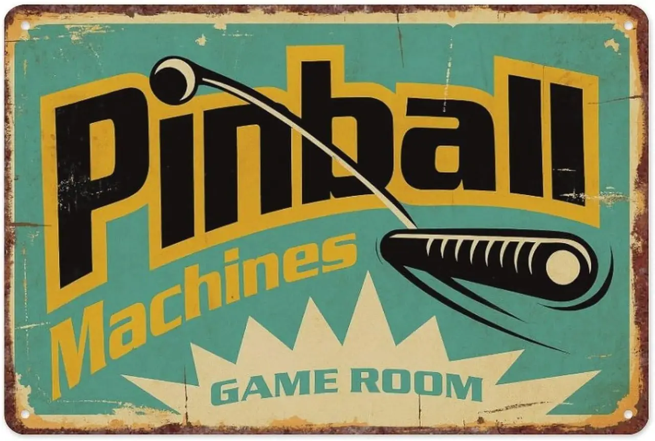 Vintage Pinball Machines Game Room Sign, 8x12 Inch Aluminum Metal Tin Sign, Retro Rustic Wall Decor for Game Room Arcade Man Cave