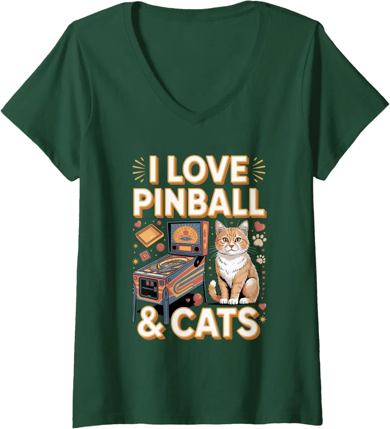 Women's I Love Pinball and Cats Arcade Player V-Neck T-Shirt