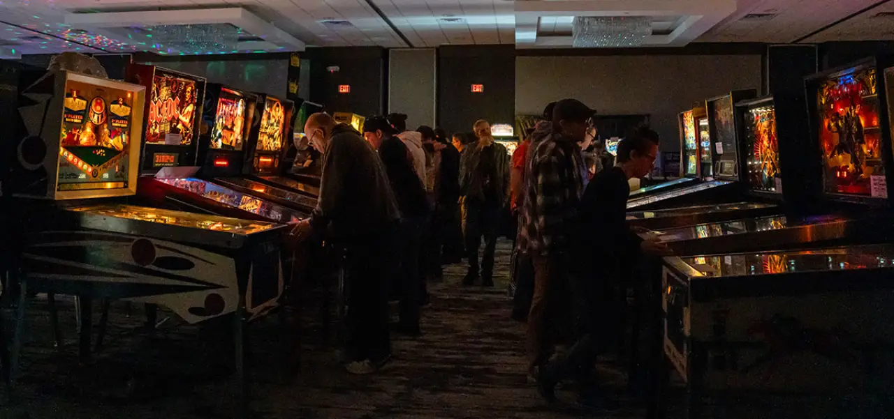 Rows of pinball machines at Pincinnati