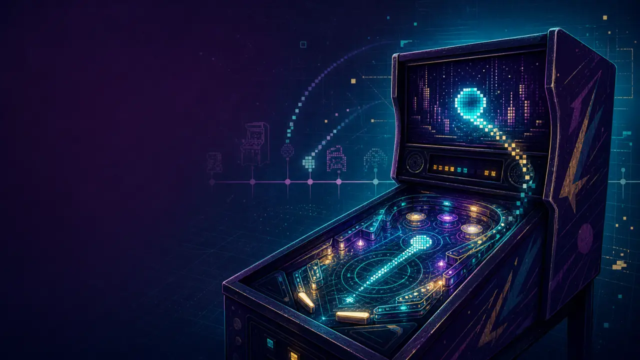 Neon retro arcade cabinet with a digital pinball playfield