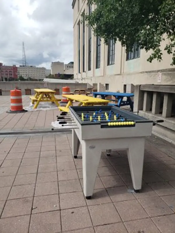 A foosball table installed along the Play Walk in Rochester