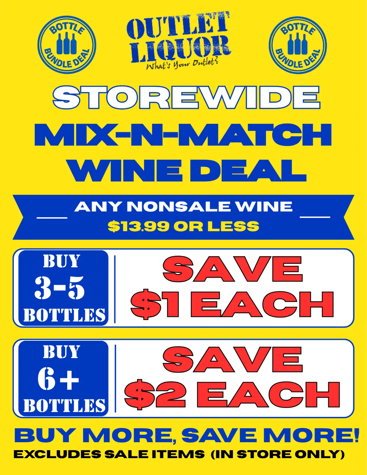 Yellow ad with blue wine bottles, offering 2 off each bottle of wine or champagne storewide.