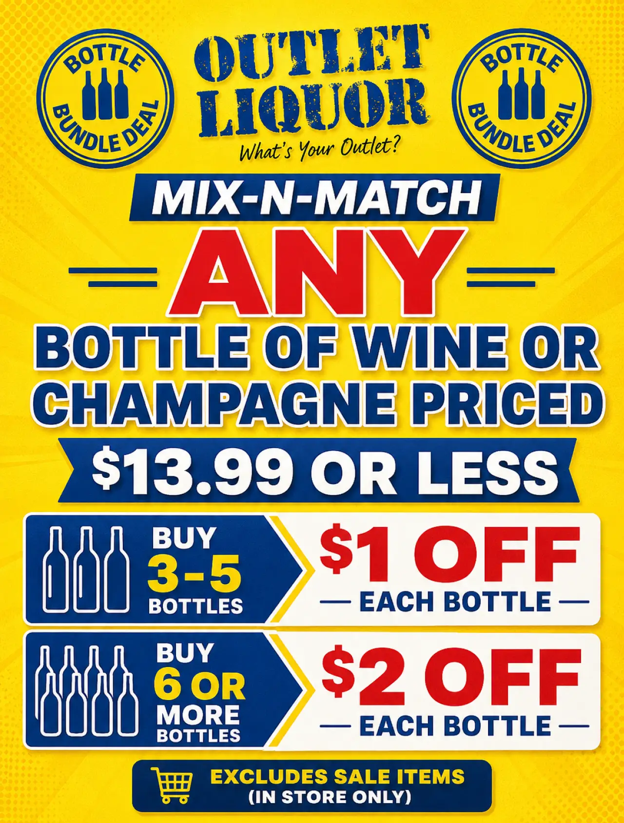 Yellow ad with blue wine bottles, offering 2 off each bottle of wine or champagne storewide.