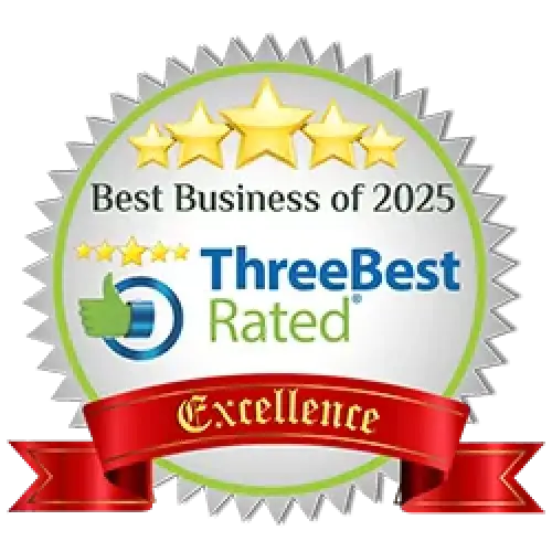 Best Business of 2025 badge by ThreeBest Rated, features stars and a red Excellence ribbon.