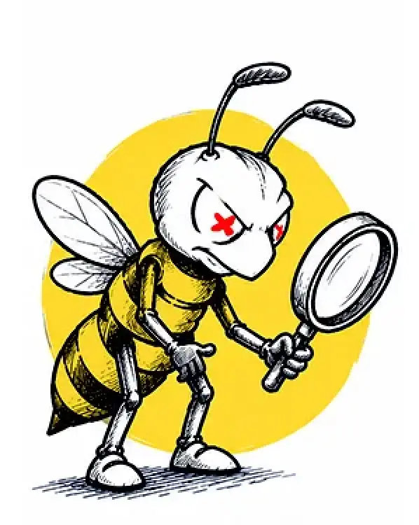 Bee mascot examining pests with a magnifying glass.