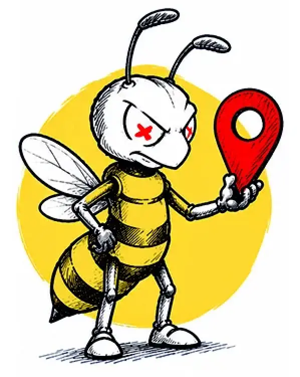 Bee mascot holding a red location pin.