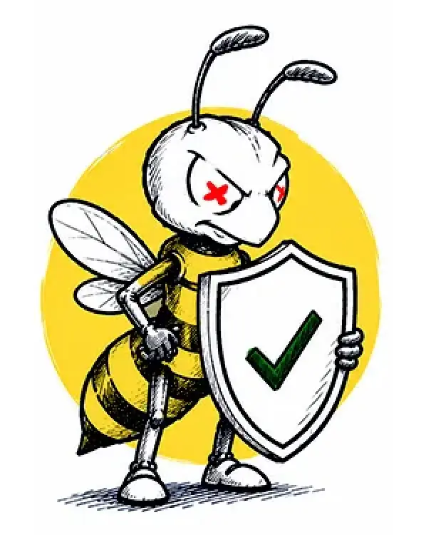 Cartoon bee holding a shield with a green checkmark.