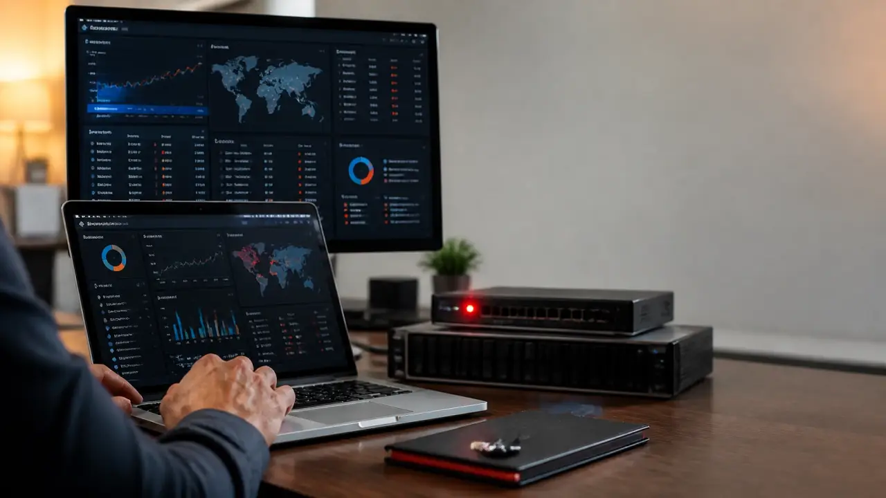 IT professional reviewing a security monitoring dashboard with network equipment and endpoint alerts