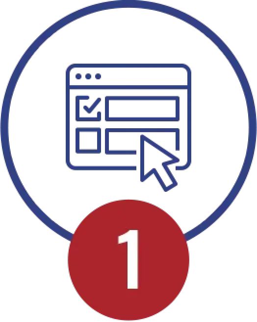 A web browser icon with a cursor, circled, and a red badge with the number 1 at the bottom.