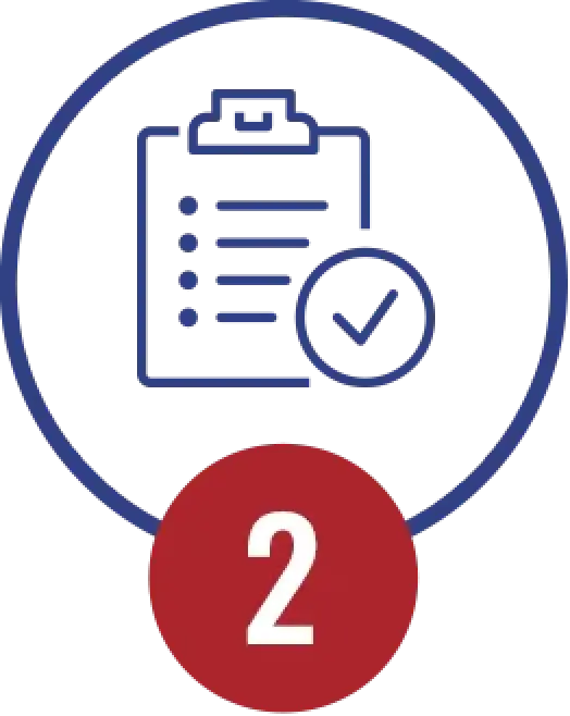 Blue clipboard icon with checkmark inside a circle, red circle with number 2 at the bottom.