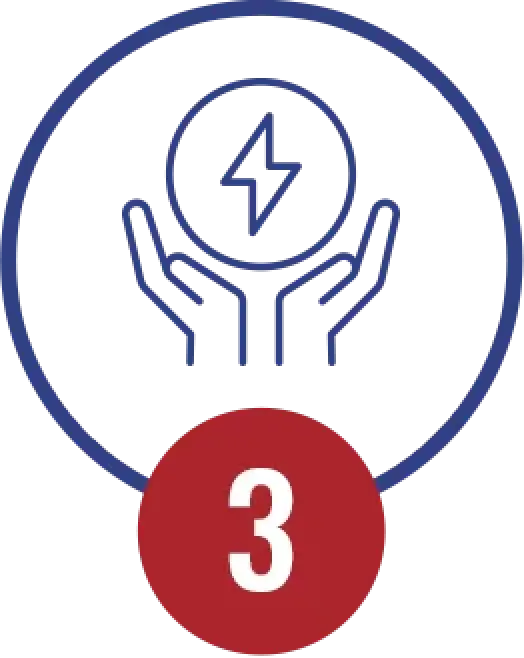 Outline of a delivery truck with a check mark, inside a circle; red circle with number 3 below.