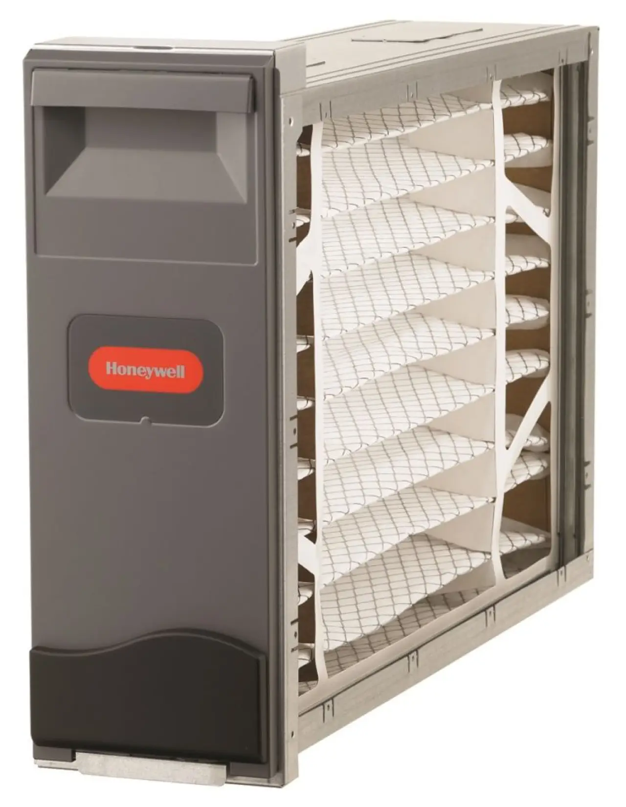 Honeywell air filter unit with metal frame and pleated white filter, viewed at an angle.