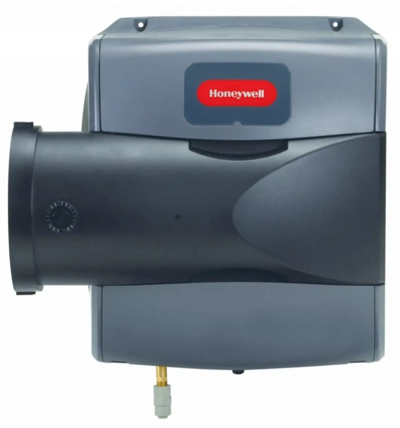 Gray Honeywell humidifier unit with a black vent attachment and red logo on the front.