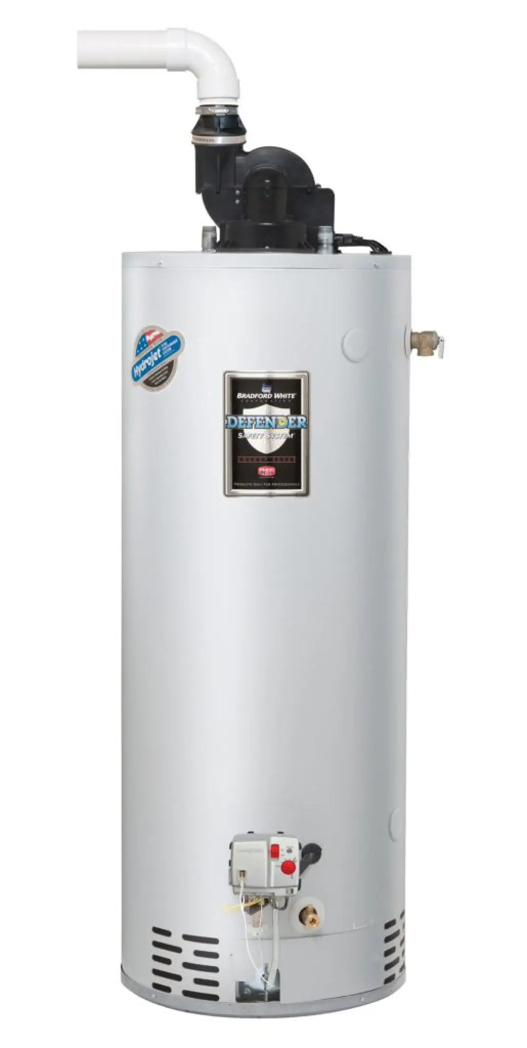 A white, cylindrical water heater with a black vent pipe and various labels on the front.