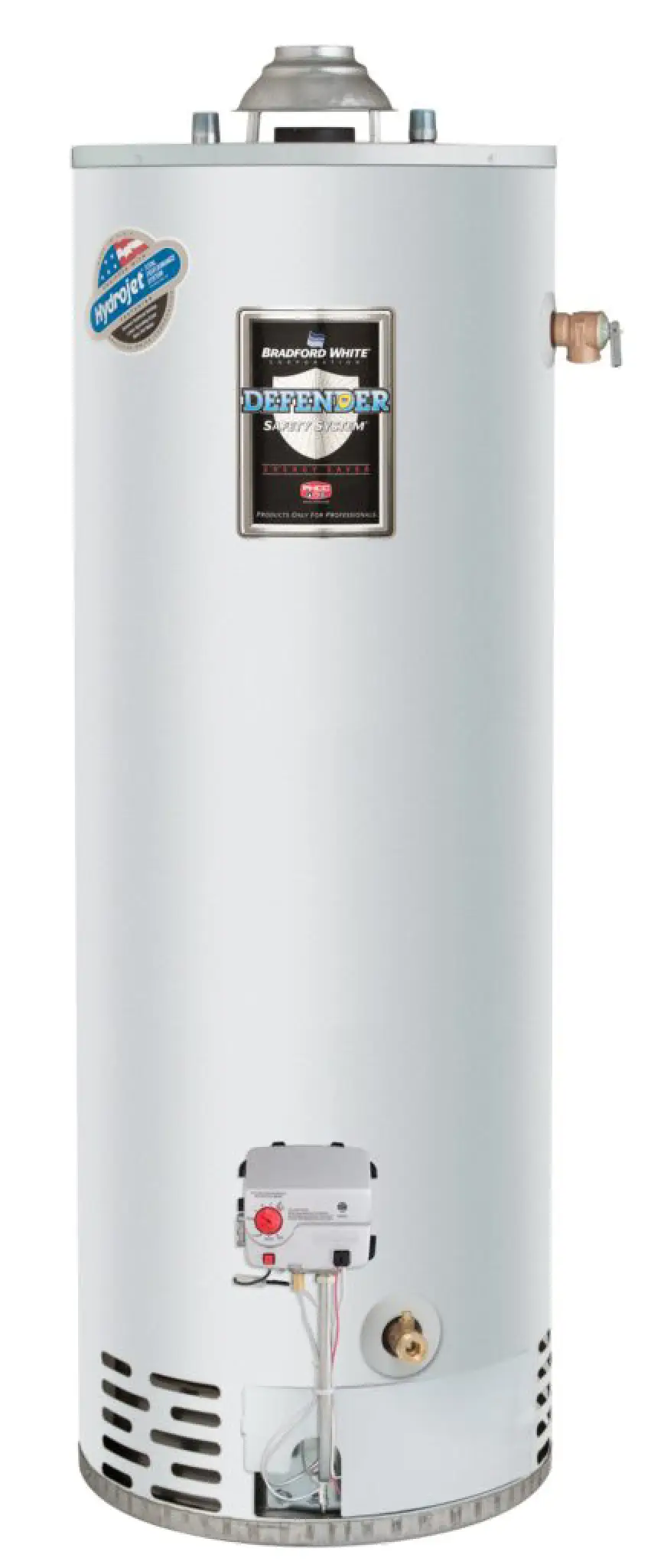 Tall, cylindrical white water heater with labels, pipes, and control panel at the base.