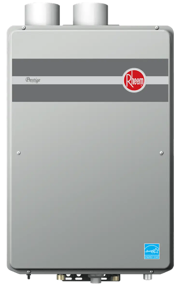 A gray Rheem Prestige tankless water heater with two white vents on top.
