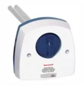 White and blue wall-mounted device with two metal prongs sticking out from the top.