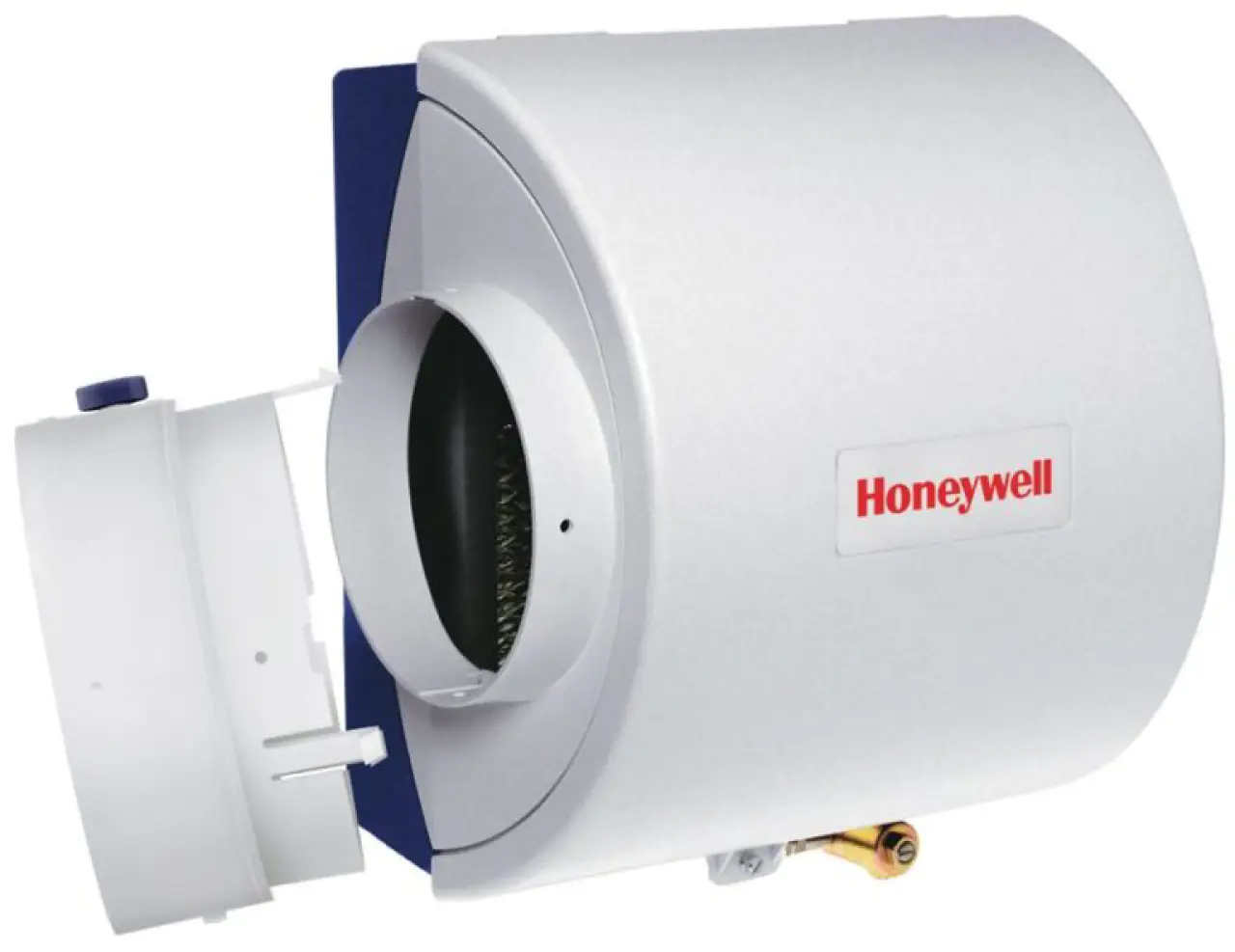 Honeywell humidifier unit in white, with a cylindrical shape and brand logo on the side.
