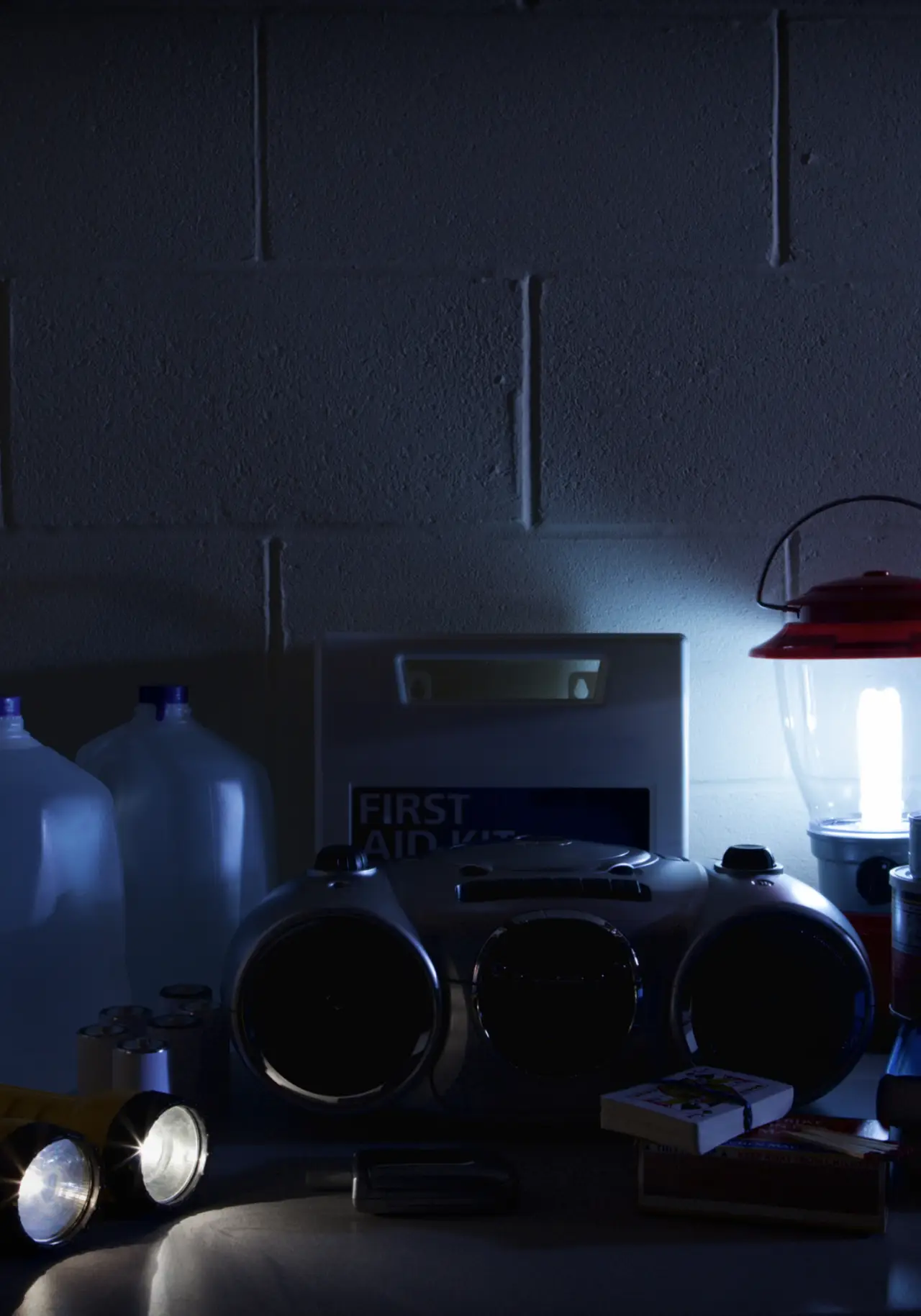 Emergency supplies including water, flashlight, first aid kit, lantern, and a radio on a table.