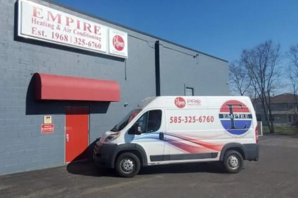 Empire Heating & Air Conditioning van outside of the office. 