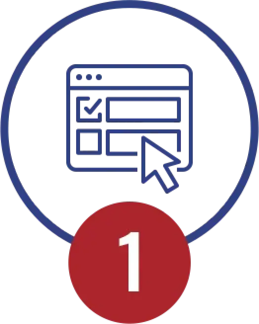 A web browser icon with a cursor, circled, and a red badge with the number 1 at the bottom.