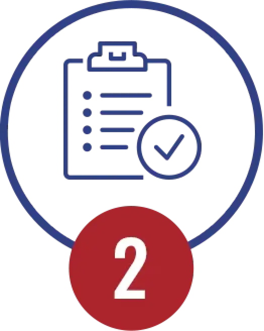 Blue clipboard icon with checkmark inside a circle, red circle with number 2 at the bottom.