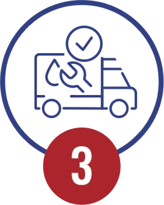 Outline of a delivery truck with a check mark, inside a circle; red circle with number 3 below.