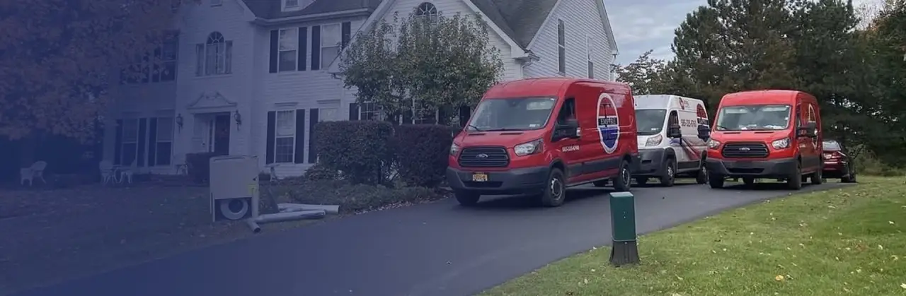 three red and white service vans parked in a driveway
