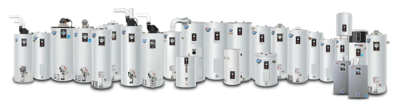 A variety of water heaters lined up in a row.