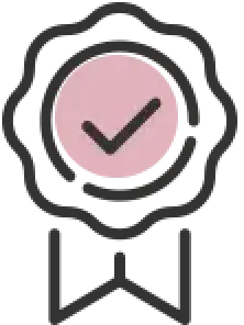 A ribbon award with a pink circle and checkmark.
