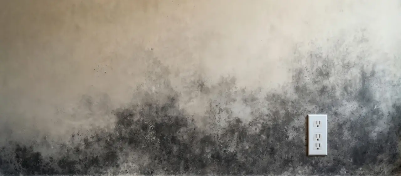 Beige wall with black mold growing on it.