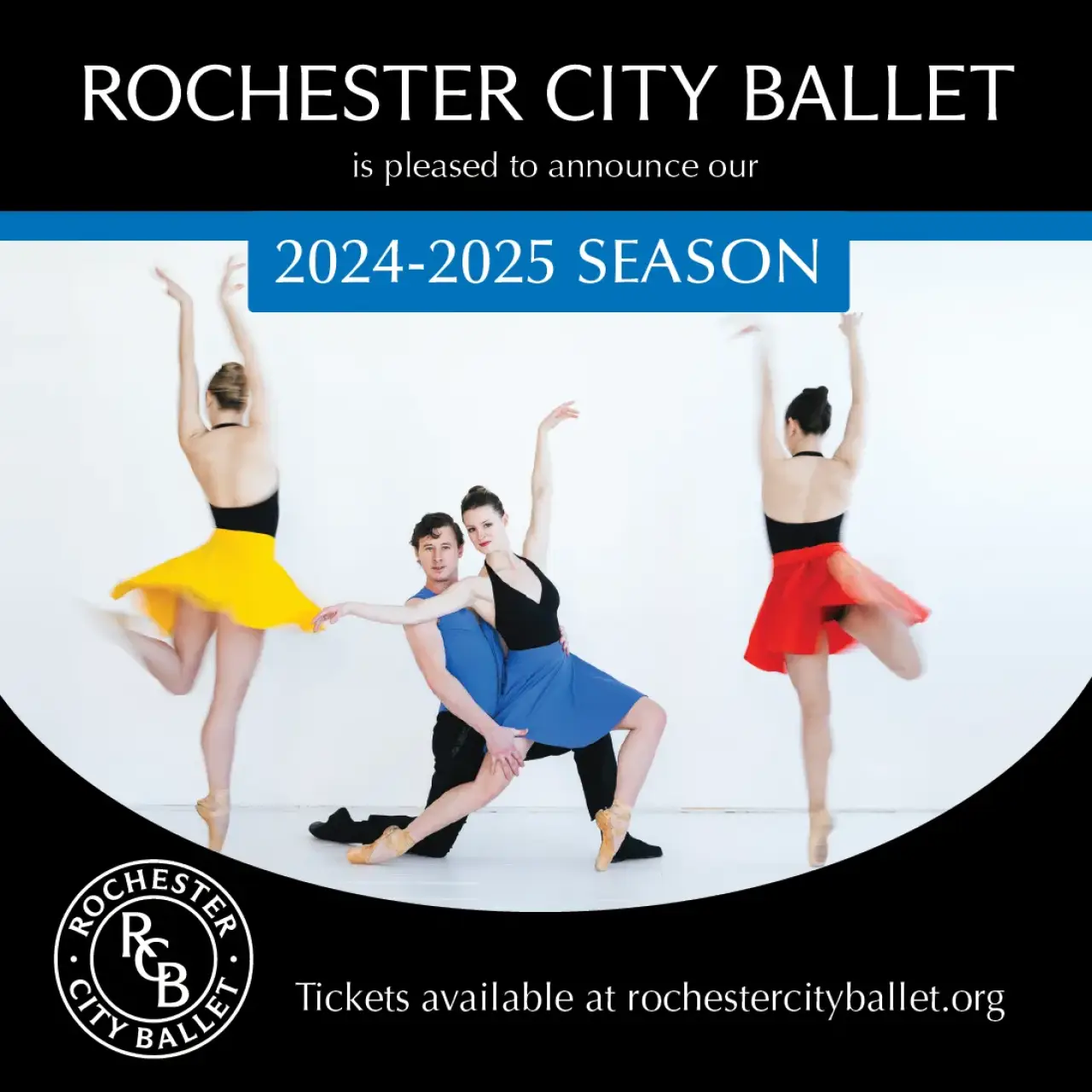 Rochester City Ballet 2024-2025 season announcement with four dancers.