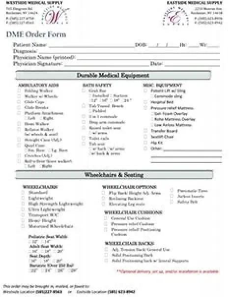 Physician DME order form for medical equipment, wheelchairs, and seating.
