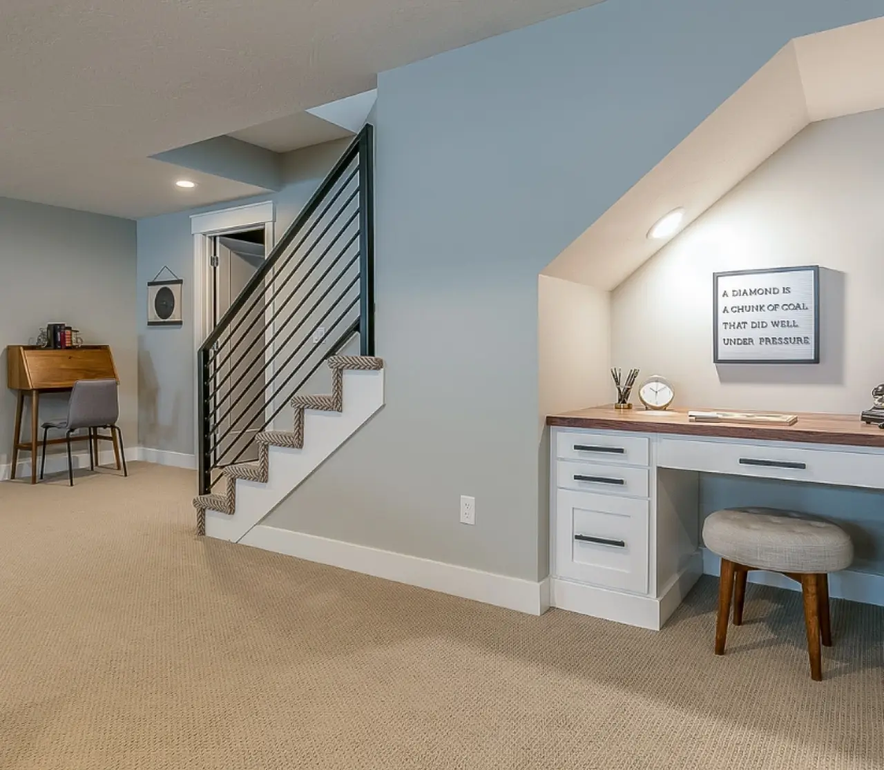 Finished basement remodeling project completed by Stonewood Builders in Rochester, NY.