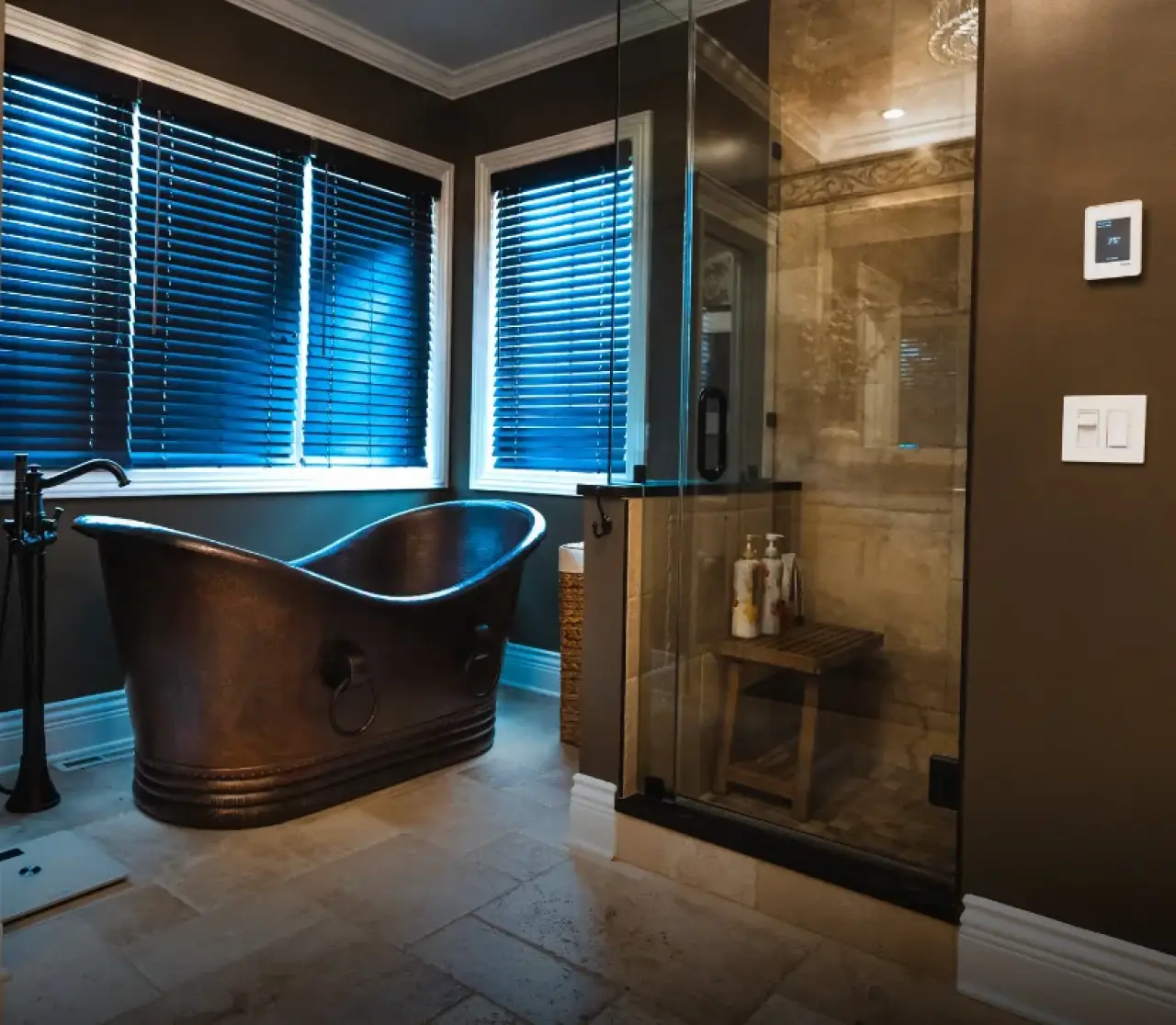 Modern bathroom with a dark freestanding tub and glass shower, lit by blue-tinted window light.