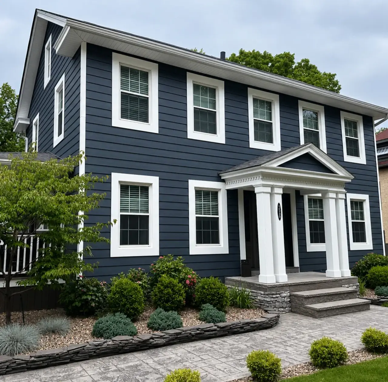 Two-story home with dark blue siding and white trim.