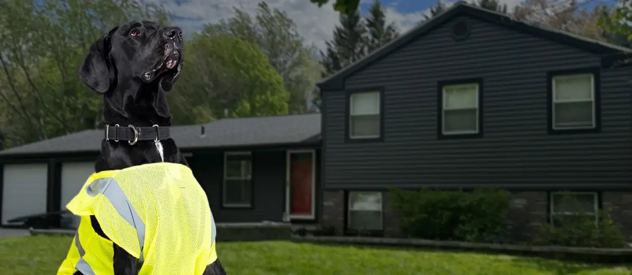 Black dog in safety vest outside a dark-sided Rochester home.