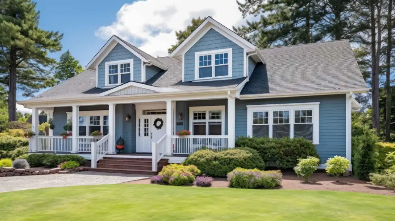 Blue home with white-trimmed windows, front door, and porch.