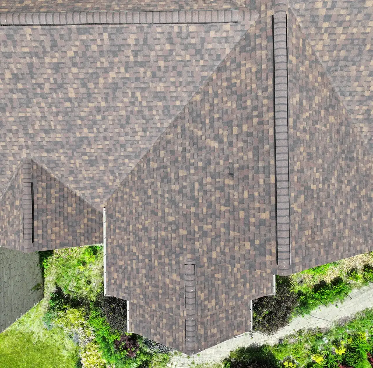 An aerial view of a new brown roof.