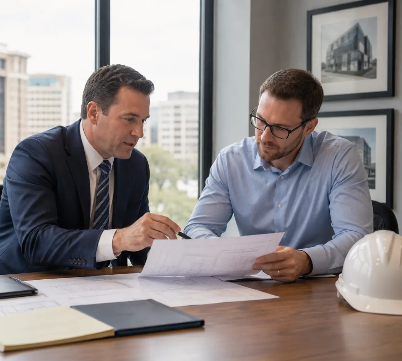 Attorney reviewing building plans with a commercial real estate developer