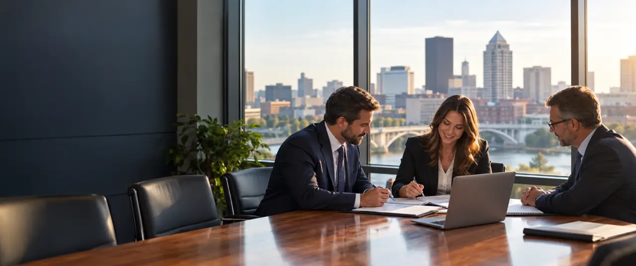 Business leaders meeting around a conference table in a Rochester office