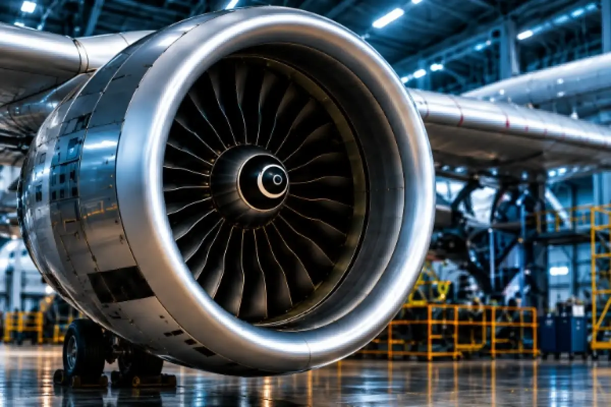 Jet engine turbine in an aerospace maintenance facility