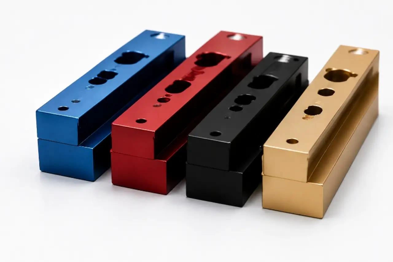 Anodized aluminum bars in blue, red, black and gold finishes