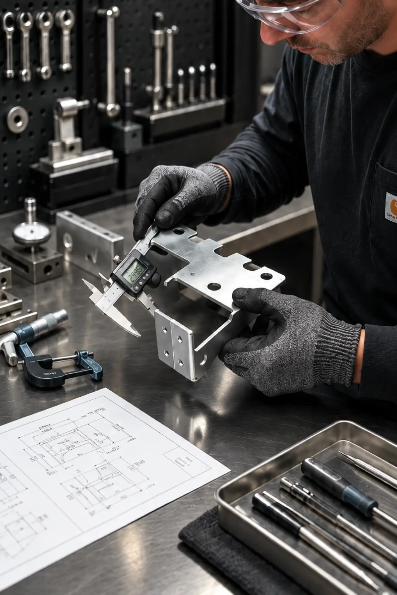 Fabricator measuring a finished bracket with digital calipers at the inspection bench