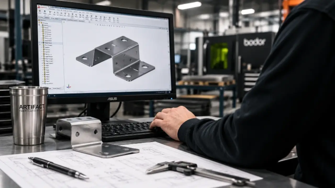 Engineer reviewing a bracket model in CAD at a shop floor workstation