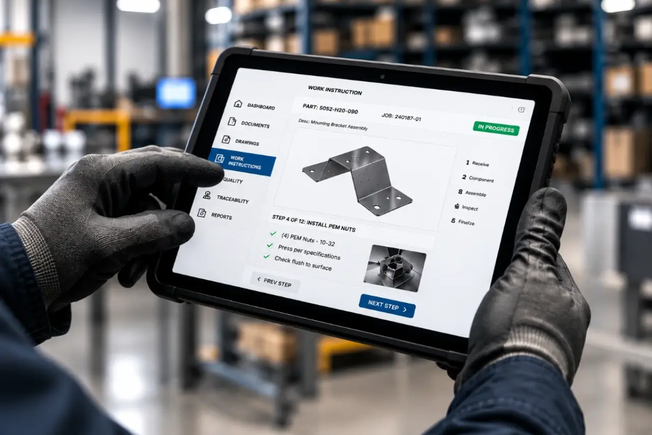 Gloved hand holding a tablet showing digital work instructions beside a machined part